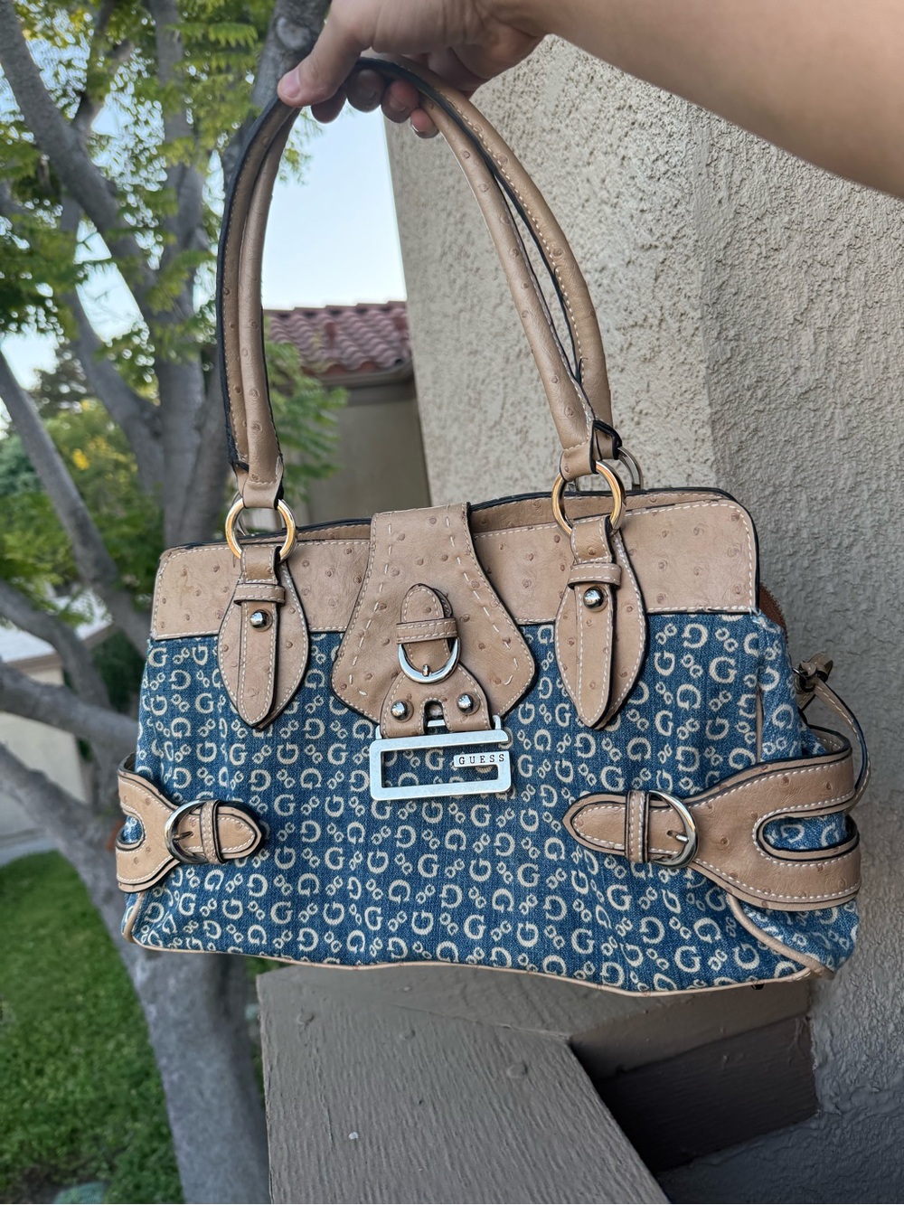 Y2k GUESS Blue Monogram and Tan Leather Satchel